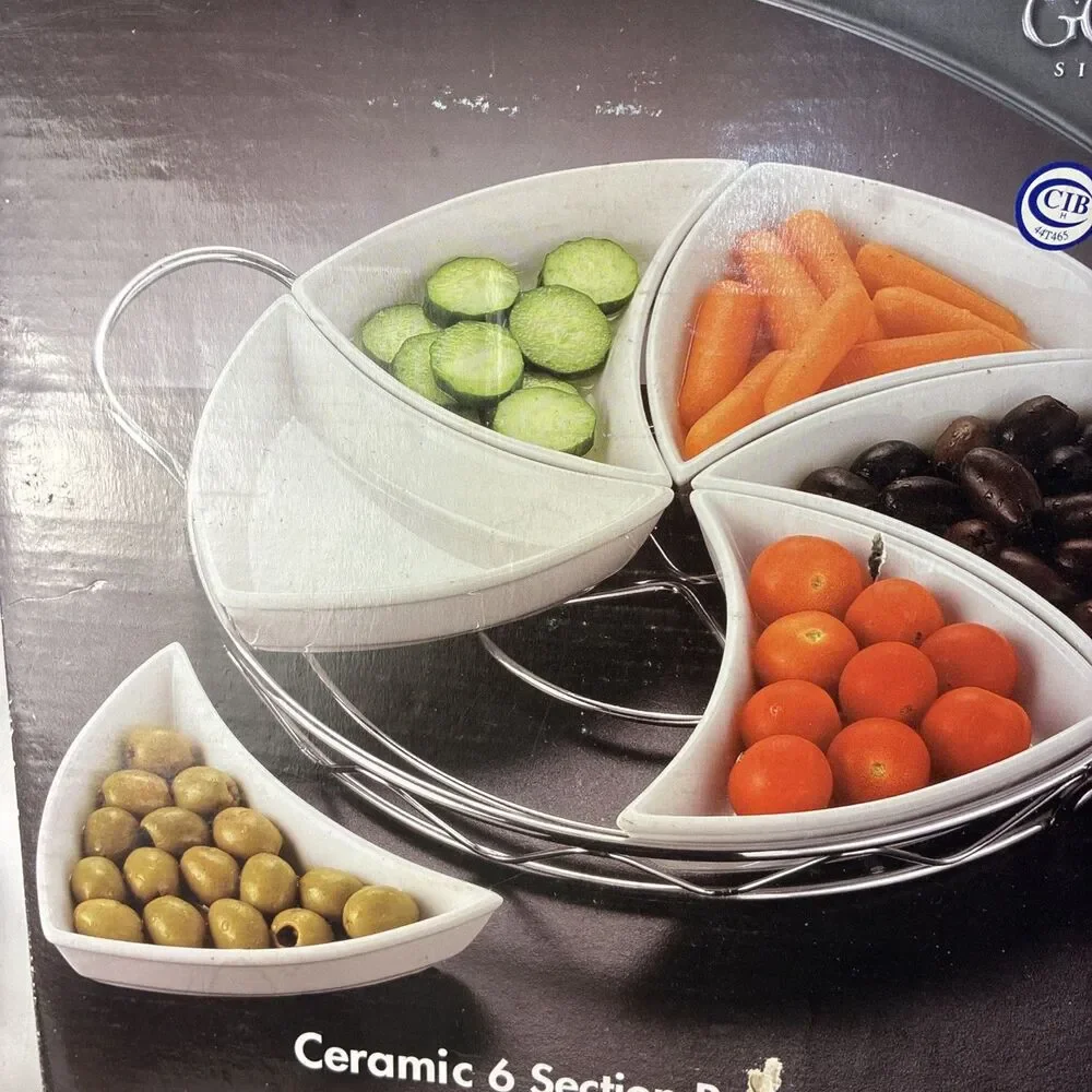 New GODINGER Porcelain 6 Section Relish Server w/ Metal Rack